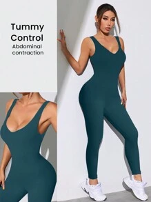 Easithlete Áo ba lỗ bó sát co giãn màu trơn thời trang nữ & quần legging liền thân - Màu xanh lá cây đậm - Xem 2