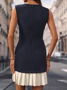 SHEIN X  Ignacia Antonia Chiquease 1 件装黑色无袖褶边圆领连衣裙粗花呢女装 - 寶藍色 - 查看 2