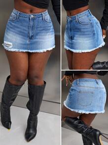 SHEIN Slayr Mid-Rise Solid Pockets With Raw Hem Bodycon Mini Denim Skirt - Dark Wash - View 1