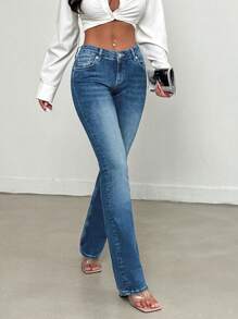 EURMUSE Solid Color Skinny Pocket Casual Versatile Washed Flare Jeans - Medium Wash - View 6