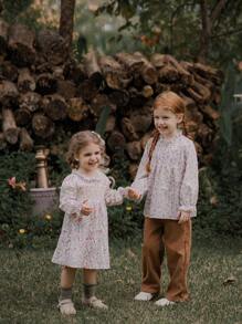 SHEIN Baby Girls Vintage Elegant  Ditsy Floral Casual Dress, Suitable For Daily Wear, Family Gathering, Holiday Celebration, Photography And Other Occasions. Can Be Worn Alone Or Paired With A Jacket Or Leggings For Different Weather And Occasions - Multicolor - View 7