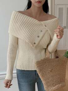 DAZY 1 Stück Damen Design Oversized Kragen asymmetrischer Knopfdekor Pullover, Herbstmode für Frauen - Beige - Übersicht 3