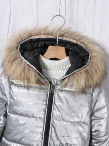 Reflektierende Buchstaben Muster Kontrast Farbe Reißverschluss Rucksackgurt Gezogene Taille Gepolsterter Mantel für Teenager