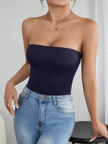 SHEIN PETITE 纯色紧身衣，紧身，无袖，适合夏季 - 藏蓝色 - 查看 5