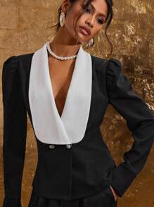 COSMINA Women's Casual Commuter Contrast Color Double-Breasted Shirt For Autumn - Black and White - View 3