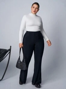 SHEIN EZwear Plus Size Glossy Elastic Knit Flare Pants, Suitable For Party - Silver - View 1