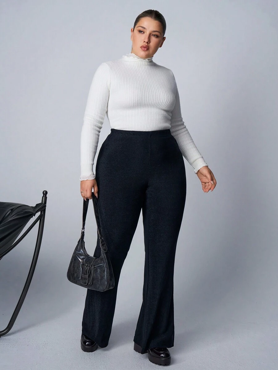 SHEIN EZwear Plus Size Glossy Elastic Knit Flare Pants, Suitable For Party - Silver - View 1