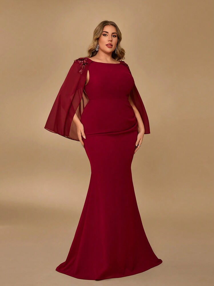 Serin Plus Size Sang Trọng Thanh Lịch Cổ Tròn Vải Chiffon Chắp Vá Vai Vải Dệt Kim Đính Viền Nàng Tiên Cá Có Đuôi Váy Phù Hợp Cho Đám Cưới, Mẹ Cô Dâu Váy Dài - Màu Đỏ Sâu - Xem 7