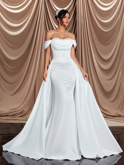 Glamrae White Spring Elegant Formal Party Wedding Dress,Luxurious Off Shoulder Faux Pearl Decor Tie-Back Ruched Fish Tail Detachable Ruffle Bridal Gown,Bride