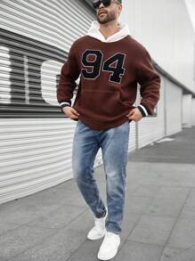 Manfinity Homme Sudadera con capucha informal de talla grande para hombres con bordado de letra y contraste de colores para otoño/invierno - Marrón - Ver 6