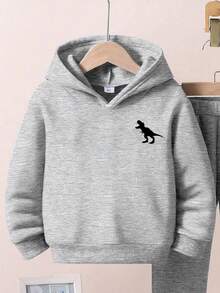 SHEIN Bộ 2 chiếc/Bộ áo hoodie và quần dài in hình khủng long thoải mái cho bé trai, thời trang và thoải mái cho mùa thu/đông - Xám - Xem 5