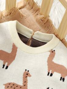 1 Stück Elfenbein Alpaka Strick-Romper, dickes doppellagiges Design zum Warmhalten, Langarm Rundhalspullover-Jumpsuit mit süßem Jacquard Muster, modischer Freizeitanzug für Babys - Beige - Übersicht 4