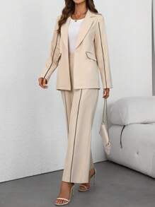 SHEIN Clasi بدلة نسائية كاجوال من بلوفر بأكمام طويلة وسراويل بخطوط متباينة ، مناسبة للخريف والشتاء