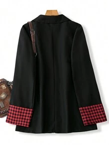 SHEIN LUNE Plus Size Women Patchwork Plaid Lapel Collar Long Sleeve Casual Blazer Jacket, Autumn