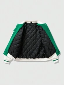 ROMWE MEN Prep 男士纯色拼接长袖正面纽扣运动细节休闲飞行员夹克 - 薄荷綠 - 查看 3