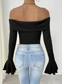 SHEIN Unity Sexy Form-Fitting Knit Off-Shoulder Flare Sleeve 3D Flower Decor Bodysuit, For Women, Autumn/Winter Fall Cloth For Women - Black - View 2