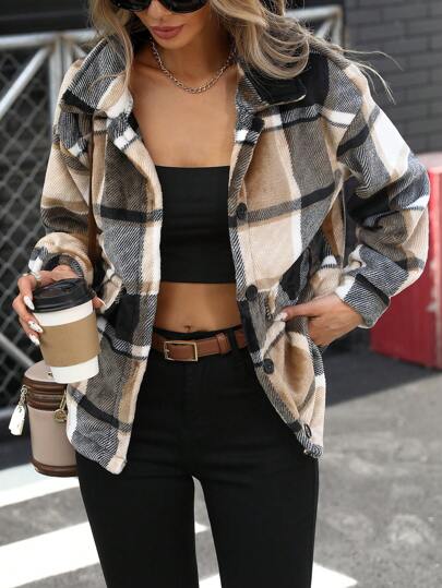 EMERY ROSE 女式前扣长袖格子简约夹克，休闲日常秋季服装