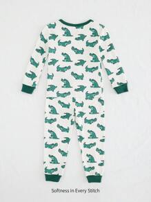 Cozy Pixies 2pcs Young Boy Snug Fit Cartoon Crocodile Pattern Color Block Soft Knit Crew Neck Long Sleeve Top And Pants Pajama Set