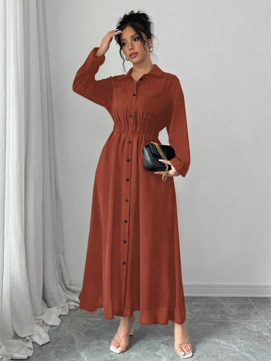 Elenzga Vestido camisero largo de un solo pecho de unicolor de manga larga para mujer, apto para primavera, verano, otoño e invierno, para ocasiones casuales como té de la tarde, fiestas, Acción de Gracias, vuelta al colegio, festivales de música country, casual de negocios - Óxido marrón - Ver 1