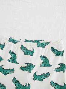 Cozy Pixies 2pcs Young Boy Snug Fit Cartoon Crocodile Pattern Color Block Soft Knit Crew Neck Long Sleeve Top And Pants Pajama Set