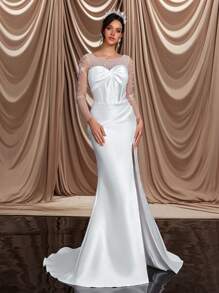 Glamrae Elegantes, luxuriöses beiges Satin-Kleid mit Kontrast-Mesh-Rüschen, Kunstperle und durchsichtigem Langarm mit Raffung, Schlitzdetail und Fischschwanz mit Schleppe, sexy rückenfreies Design, geeignet für Hochzeit, Feiern, Singles-Party, Urlaub, Ball, Brautkleid, weiß - Beige - Übersicht 7