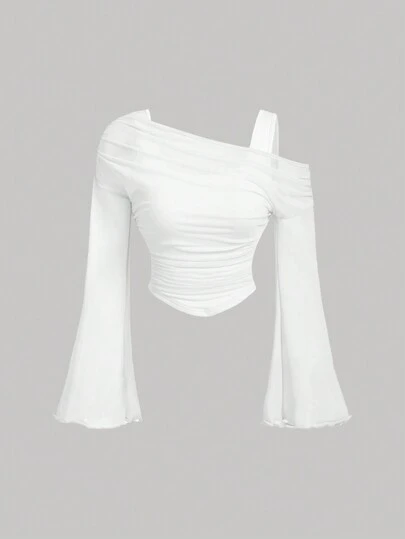 SHEIN MOD Apricot Off-Shoulder Mesh 2in1 Trumpet Sleeve Long Sleeve Women's Top,Western,Vintage,70s,The Bachelorette