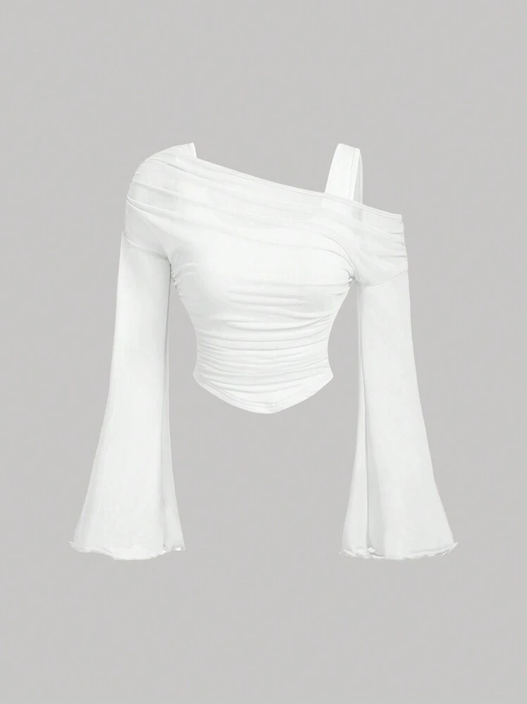 SHEIN MOD Top femme à manches longues trompette 2 en 1 à épaules dénudées en maille abricot, style western, vintage, années 70, The Bachelorette - Blanc - Voir 1