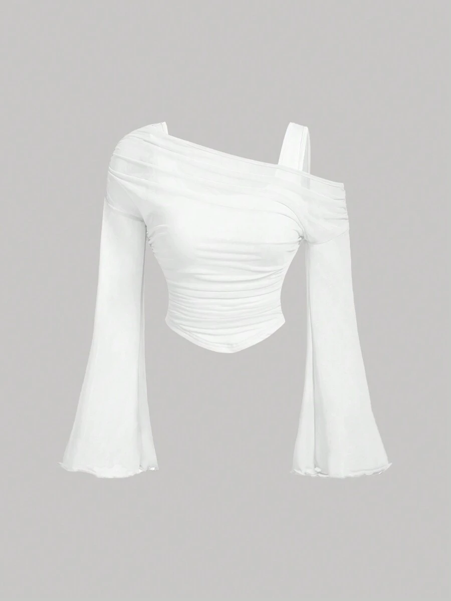 SHEIN MOD Áo thun tay dài hở vai lưới 2 trong 1 màu mơ dành cho nữ, phong cách phương Tây, cổ điển, thập niên 70, tiệc độc thân - trắng - Xem 1