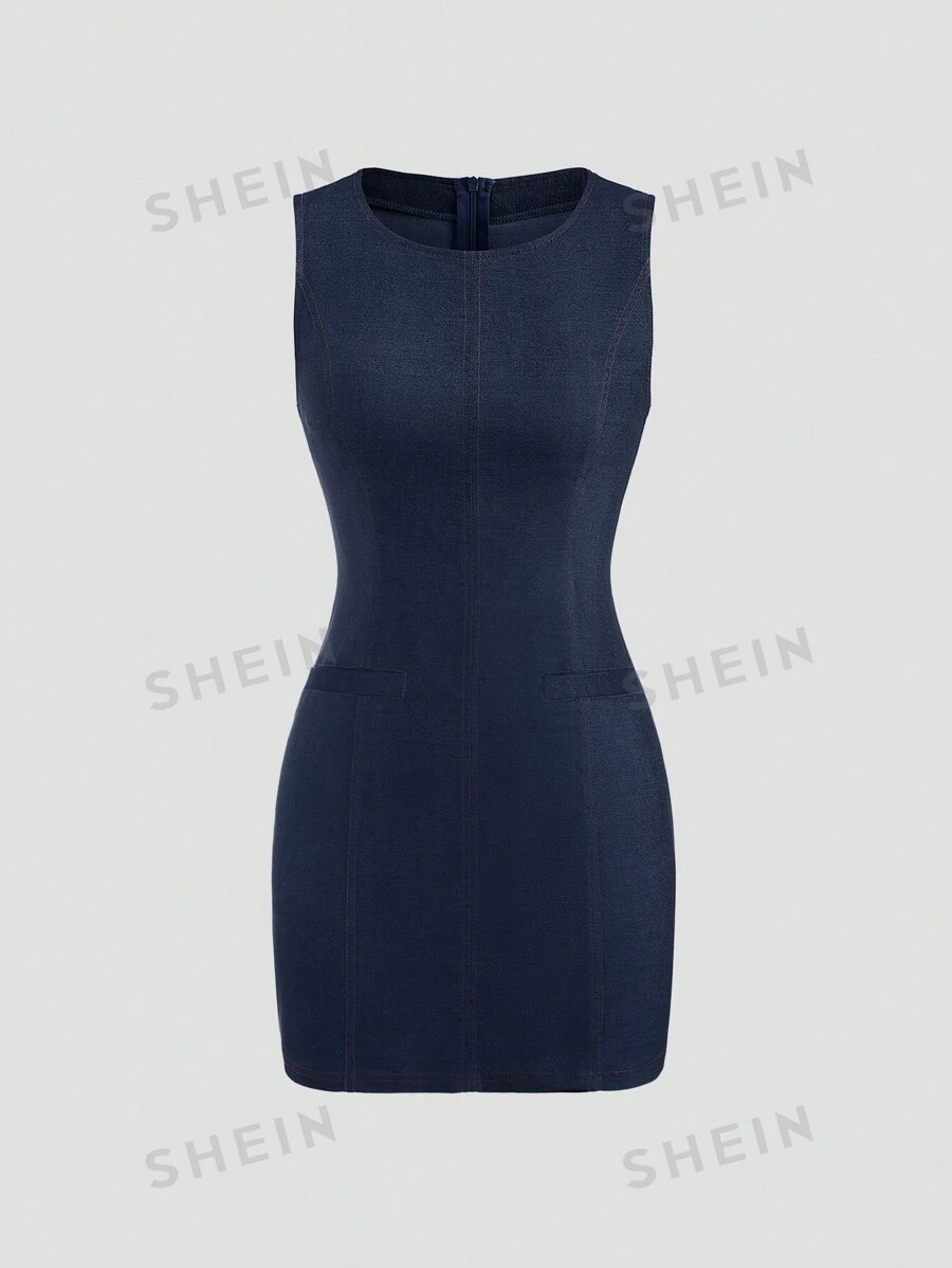 Chiquease Vestido corto sin mangas efecto denim para mujer - Azul - Ver 1