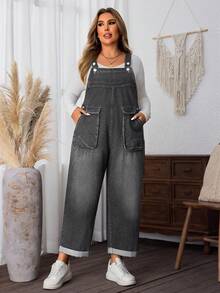 SHEIN LUNE 大码休闲宽松带口袋牛仔背带裤 - 淺灰色 - 查看 6