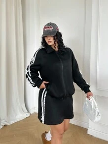 Flirla 女士休闲运动套装，蝴蝶结条纹连帽夹克和迷你裙 2 件套，春季 - 黑與白 - 查看 4