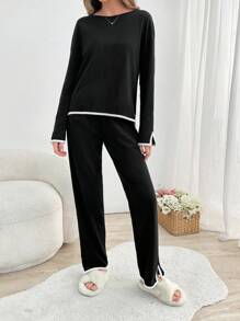EURMUSE 2pcs Cotton Contrast Colour Piping With Slit Detail Homewear Set - Black - View 4