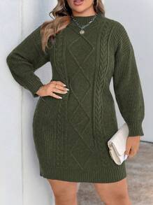 Elenzga Plus Size Solid Color Fitted Sweater Dress, Casual, Autumn/Winter Fall Cloth For Women - Army Green - View 5