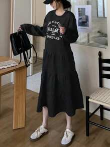 DAZY Váy dài tay in họa tiết khẩu hiệu thường ngày cho nữ, mùa thu, mùa thu dành cho nữ - màu đen - Xem 3