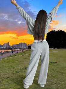 2 件套青少年女孩数字印花不对称领长袖运动衫和裤子，秋季休闲装 - 灰色 - 查看 2