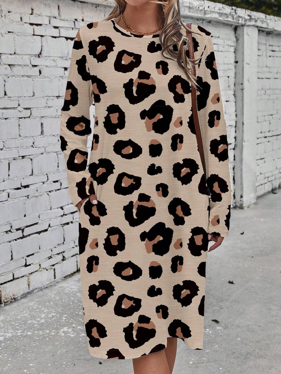 SHEIN LUNE 休闲简约宽松圆领中长袖女式短裙，适合夏季 - 彩色 - 查看 1