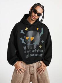 Manfinity NXTstreet Sudadera con capucha casual con estampado de calavera y letras para hombres, sudadera con capucha negra de manga larga con gráficos, para regalos a amigos, esposo, novio, para otoño e invierno - Negro - Ver 2