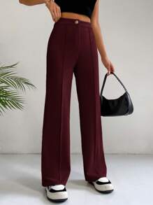 SHEIN EZwear 纯色高腰接缝细节黑色裤子 - 酒紅色 - 查看 6