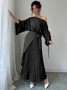 Chiquease 1 pièce Robe longue plissée à taille cintrée, avec col oblique, manches longues et ourlet noué pour femmes - Noir - Voir 3