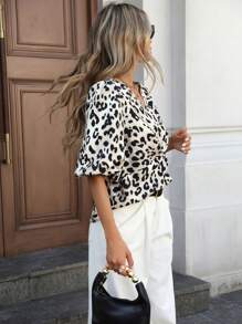 INAWLY Blusa con mangas de linterna de giro con estampado de leopardo de moda para mujer, otoño