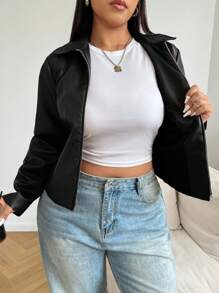 SHEIN EZwear 大码女式黑色休闲拉链长袖夹克，适合冬季 - 黑色 - 查看 6