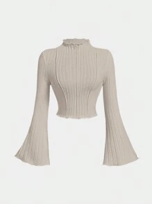 SHEIN MOD 大码女式蓬松 T 恤，撞色缝线和喇叭袖，适合秋冬季 - 卡其色 - 查看 1