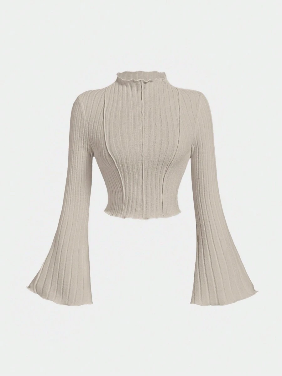 SHEIN MOD 大码女式蓬松 T 恤，撞色缝线和喇叭袖，适合秋冬季 - 卡其色 - 查看 1