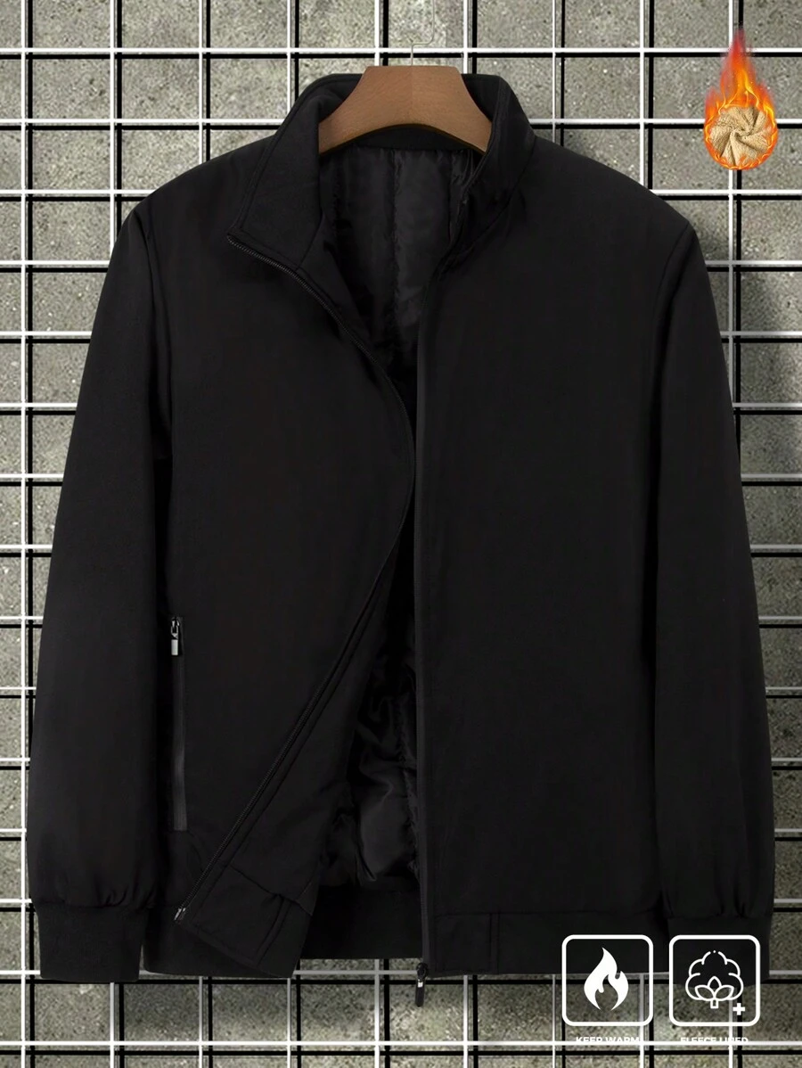 Manfinity Homme Men's Plus Size Solid Color Stand Collar Casual Black Jacket, Winter - Black - View 1