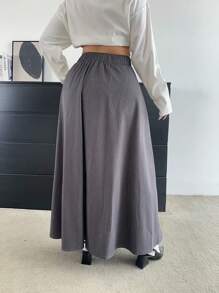 Flirla Váy xòe cạp cao cạp cao thiết kế độc đáo tối giản mới dành cho nữ cỡ lớn, hiệu ứng thon gọn, dáng maxi - Xám - Xem 2