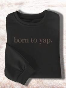 Sparklyn Tween Girl Minimalist Letter Print Crew Neck Pullover Sweatshirt For Outdoor Wear In Autumn - Black - View 1