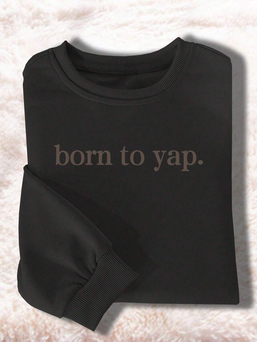 Sparklyn Tween Girl Minimalist Letter Print Crew Neck Pullover Sweatshirt For Outdoor Wear In Autumn - Black - View 1