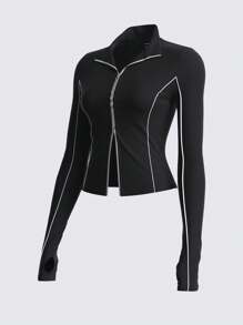 SHEIN BASICS 女式休闲运动修身短款前拉链高领长袖上衣 - 黑色 - 查看 6