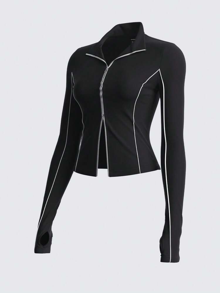 SHEIN BASICS 女式休闲运动修身短款前拉链高领长袖上衣 - 黑色 - 查看 6