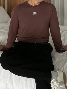 DAZY 男士休闲标语印花长袖 T 恤，秋季 - 棕色 - 查看 4